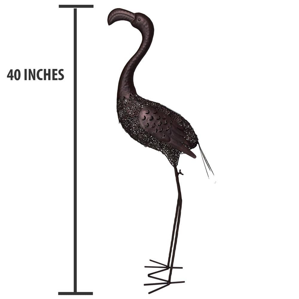 40 in. Dark Brown Steel Flamingo Garden Sculpture with Solar Light