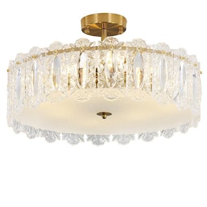 8-Light 16 in. Crystal Semi Flush Mount Ceiling Light, Brass Modern Glass Drum Light for Bedroom, Bulbs Included