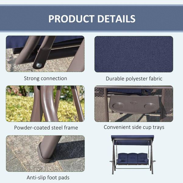 Outsunny 3-Person Metal Patio Swing with Blue Removable