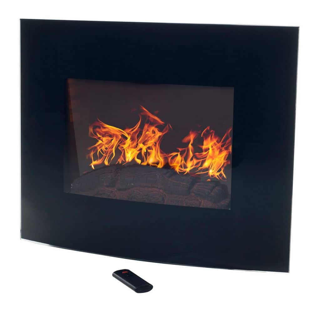 Black Curved Glass Wall Mount Electric Fireplace with Remote