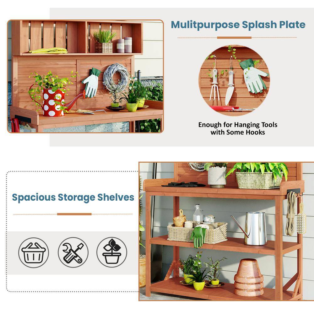 Natural Fir Wood Outdoor Potting Bench with Storage Shelves