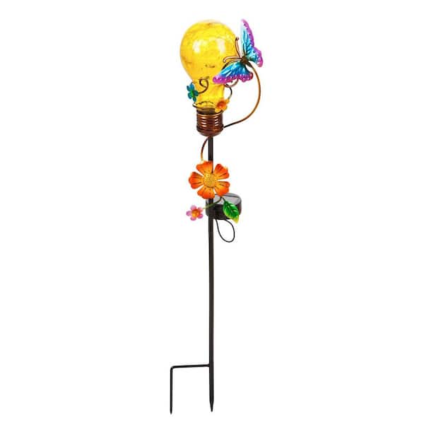 Evergreen Yellow Cracked Glass Bulb 28 in. Solar Twinkling Light Garden Stake