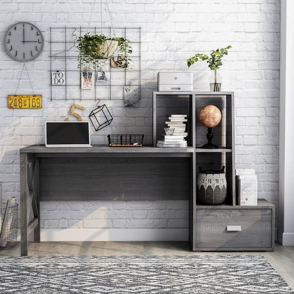 Furniture of America Reed 70.5 in. W Rectangle Distressed Gray MDF 1-Drawer Computer Desk with Bookshelves