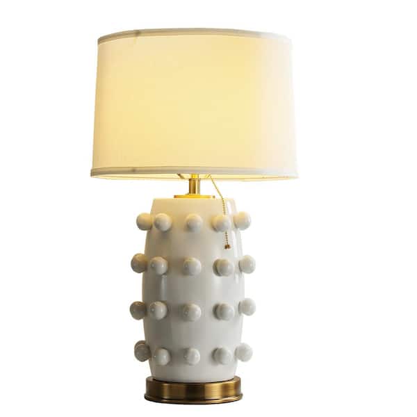PAUMAN 26 in. Matte White Polka Dot Ceramic Table Lamp with Fabric Shade