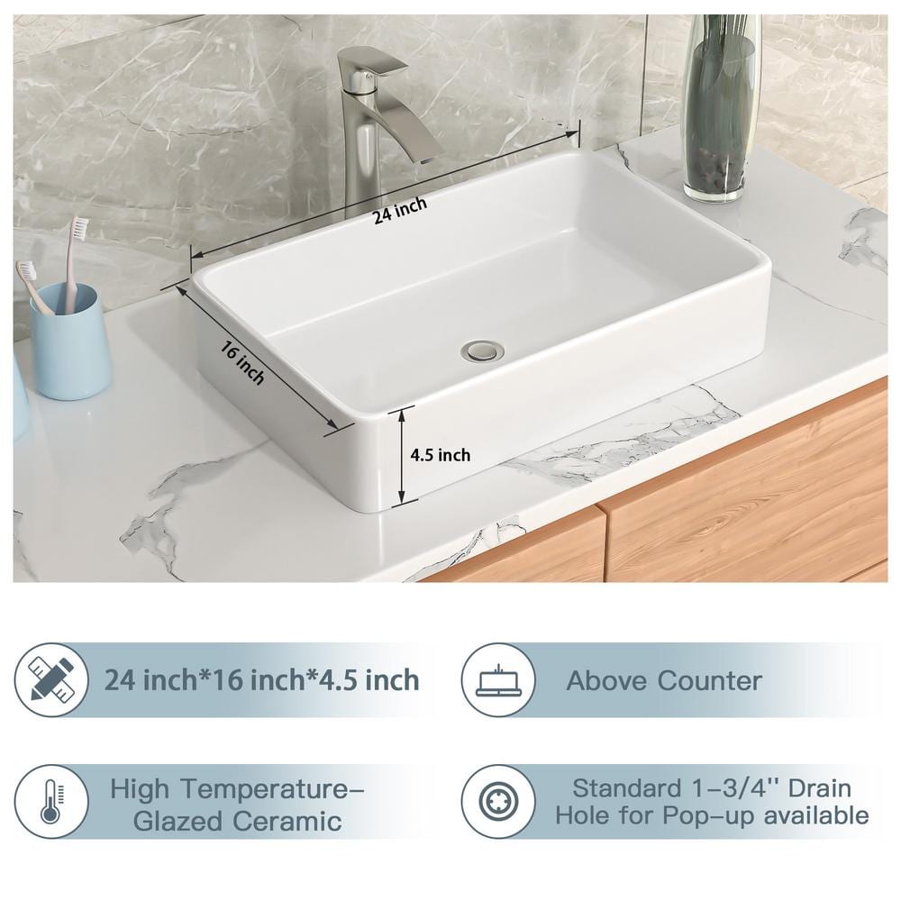 24" White Ceramic Rectangular Above-Counter Vessel Sink