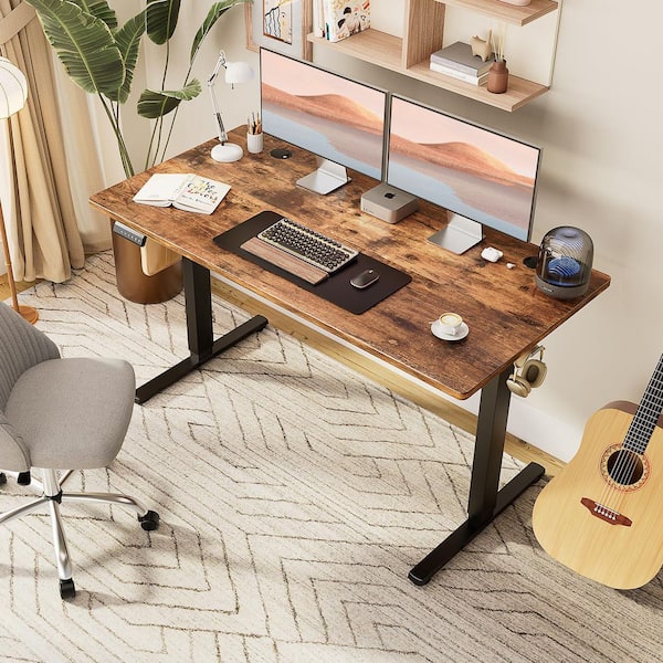 WONDER COMFORT 55 x 24 in. Electric Rustic Brown Adjustable Height Rising Standing Desk with Splice Board, 2 Hook and Wire Hole