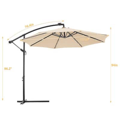 10 ft. Steel Cantilever Offset Solar LED Hanging Patio Umbrella with Cross Base in Tan