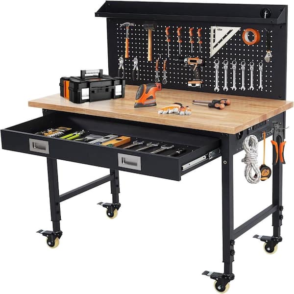 48 in. Adjustable Height Rolling Workbench with Pegboard, Rubberwood Top and Power Outlets
