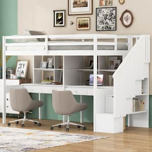 White Twin Size Loft Bed with Storage Staircase, Double Desks and Shelves