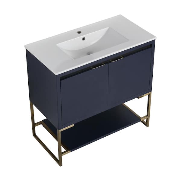 Unbranded 36 in. W x 18 in. D x 35 in. H Freestanding Bath Vanity with Shelf in Navy Blue with White Ceramic Top