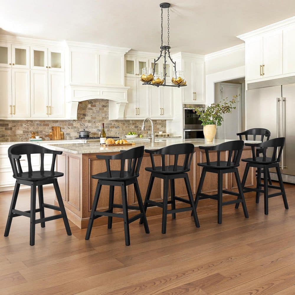 Wendell 6-Piece Windsor Black Counter Height Bar Stool 25.2 in. H 360° Swivel Solid Wood Bar Chair with Back price history on PriceWatchPro