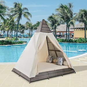 Brown Tent Shape Wicker Outdoor Day Bed with Beige Cushions
