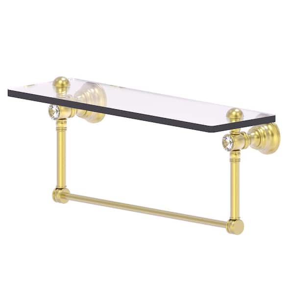 Allied Brass Carolina Crystal Collection 16 in. Glass Shelf with Integrated Towel Bar in Satin Brass