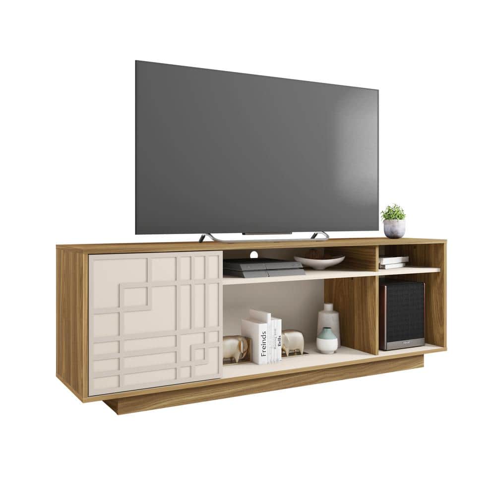 Oak and White Modern TV Stand with Chevron Pattern Cabinet for 70" Screens