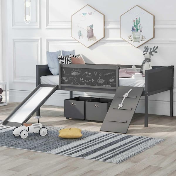 Polibi Gray Twin Size Wood Loft Bed with 2-Storage Boxes