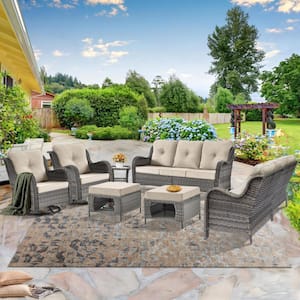 Gray 7-Piece Wicker Patio Conversation Sofa Seating Set with Swivel Chairs and Beige Cushions