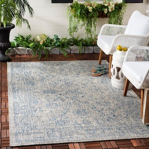 Courtyard Gray/Navy 4 ft. x 4 ft. Border Floral Scroll Indoor/Outdoor Patio  Square Area Rug