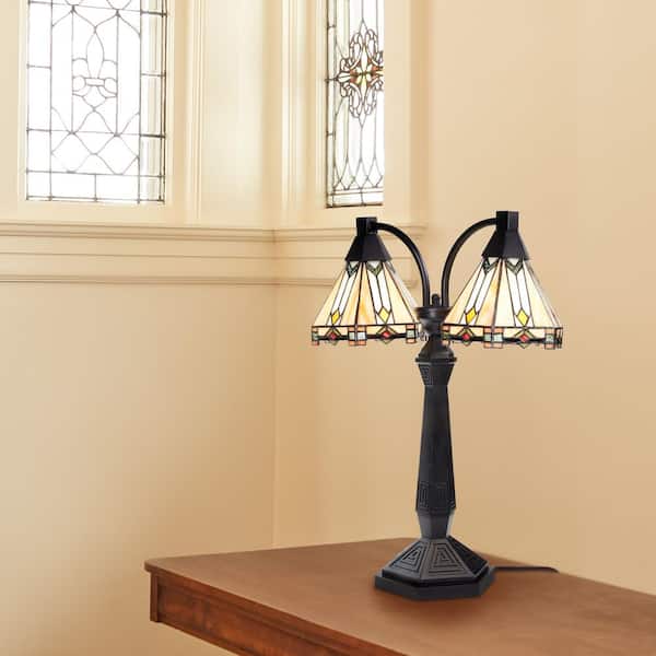 Chloe 21 in. Black 2-Light Art Deco Stained Glass Table Lamp with Multicolor Stained Glass Shades