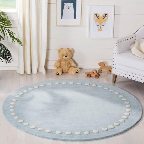 Kids 7 ft. x 7 ft. Round Blue/Ivory Polka Dot Area Rug