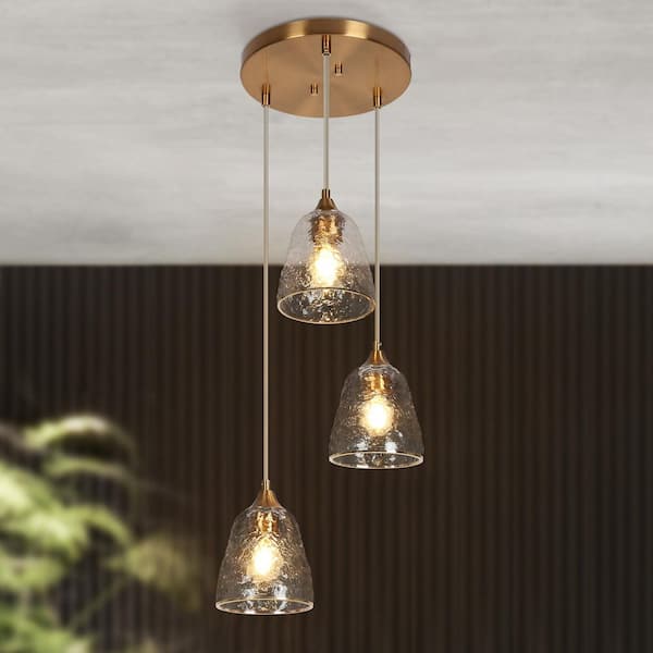 Aurabe Modern 3-Light Plated Brass Cluster Chandelier for Entryway Foyer Staircase, Island Pendant with Textured Glass