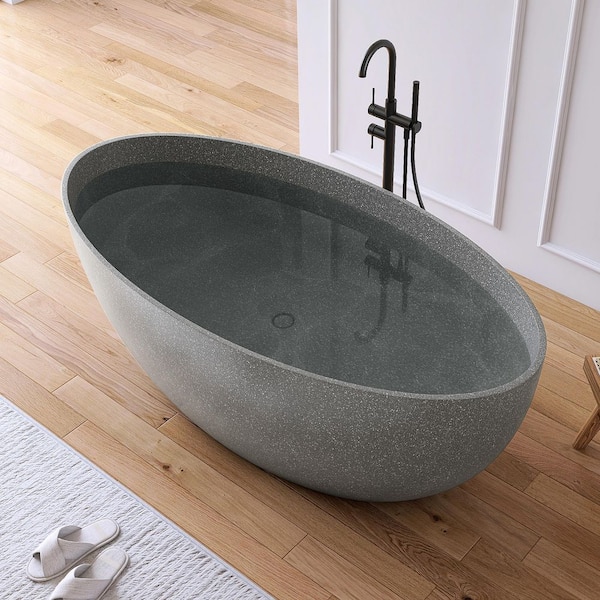 63 in. x 31 in. Terrazzo Stone Solid Surface Flatbottom Freestanding Soaking Bathtub in Gray (Outdoor-Compatible)