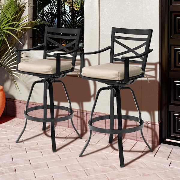 Swivel Cast Aluminum Outdoor Bar Stool with Sunbrella Canvas Antique Beige Cushion (2-Pack)