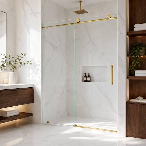 Elan 56 to 60 in. W x 76 in. H Frameless Sliding Shower Door VMotion in Matte Brushed Gold Clear Glass