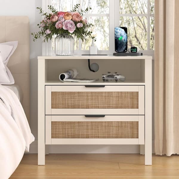 Boho White 2-Drawer 25 in. W Nightstand with Built-in Outlets