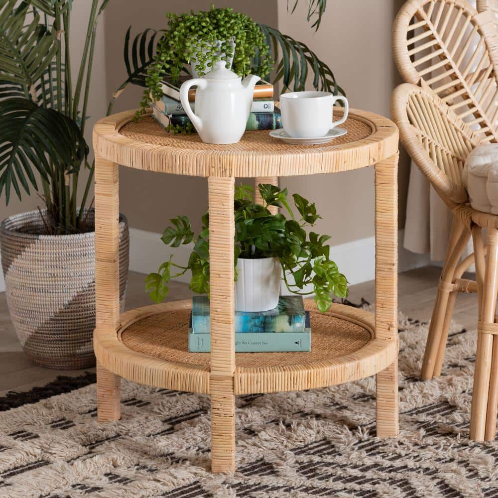 Bella Natural Mahogany Wood and Rattan 2-Tier Round Accent Table