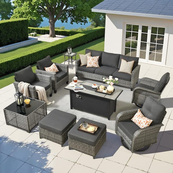 Scarlet 10-Piece Wicker Outdoor Fire Pit Patio Conversation Sofa Set with Swivel Chairs, a LED Table and Black Cushions