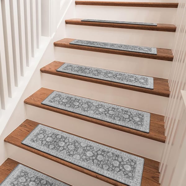 Gray [30 in. x 8 in.] Rubber Stair Tread Cover Set of 15, Non-Slip Indoor Safety Mats for Wooden Steps