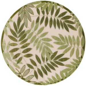 Aloha Ivory Green 5 ft. x 5 ft. Floral Contemporary Indoor/Outdoor Round Area Rug