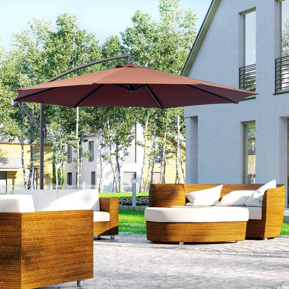 Brown Cantilever Patio Umbrella with UV Protection and Sturdy Stand