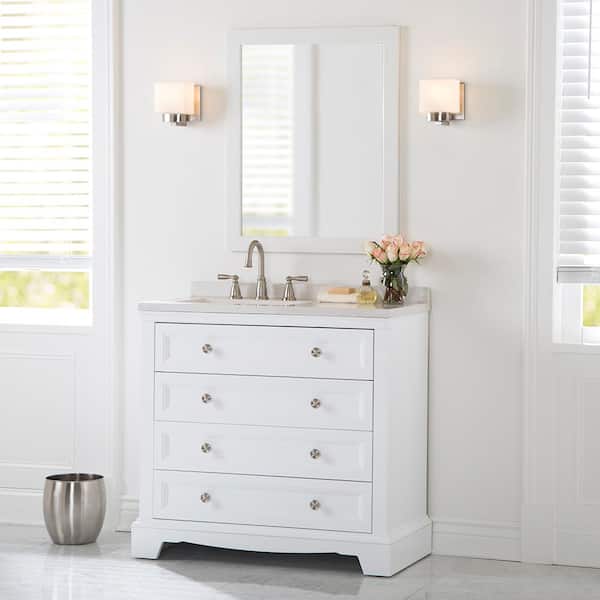 Home Decorators Collection Windsor 38 in. W x 19 in. D x 38 in. H Single Sink Bath Vanity in White with Silver Ash Solid Surface Top and Mirror