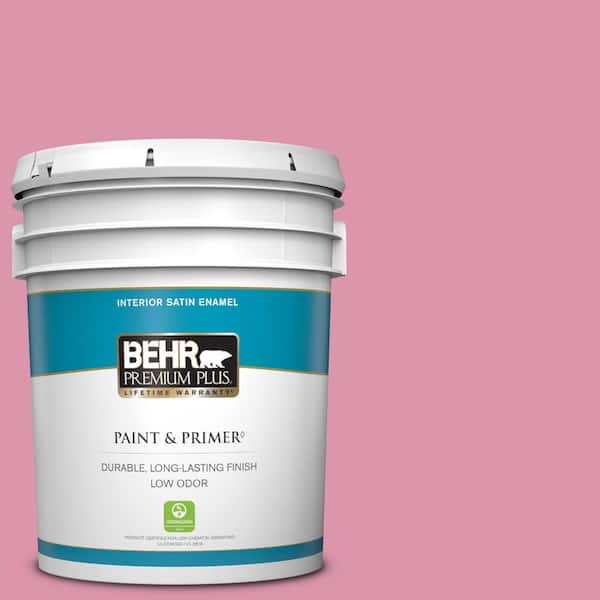 BEHR PREMIUM PLUS 5 gal. #110B-4 Foxy Pink Satin Enamel Low Odor Interior Paint & Primer