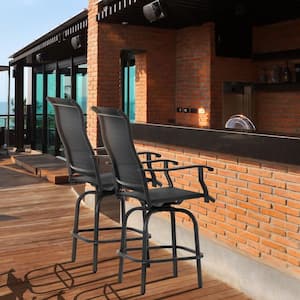 2-Piece Black Swivel Metal Outdoor Bar Stools Bar Height Steel Frame Patio Chairs with Armrests for Balcony Poolside