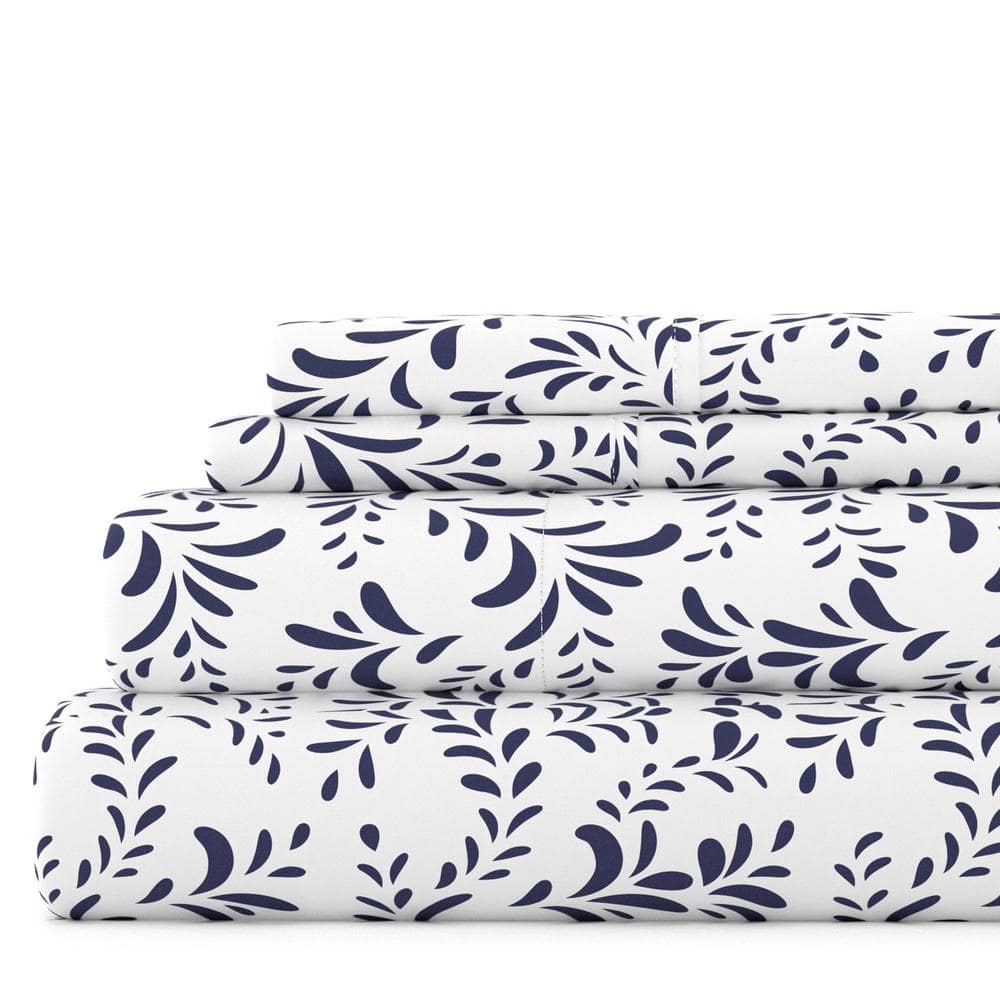 California King Light Blue Floral Microfiber Bed Sheet Set