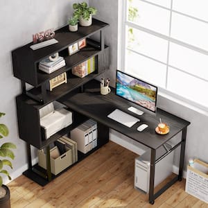 Halsey 47 in. W Reversible L-Shaped Black Wood Corner Computer Desk Writing Studying Reading Desk 5-Tier Storage Shelves