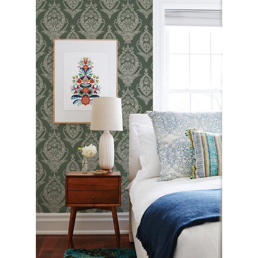 Evergreen and White Damask Non-Pasted Washable Wallpaper