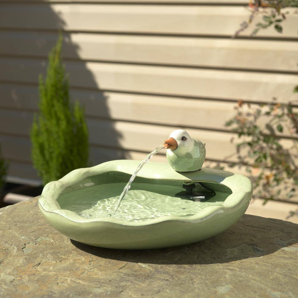Light Green Ceramic Bird Solar Powered Garden Fountain