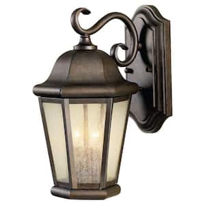 Martinsville 8 in. W 2-Light Corinthian Bronze Outdoor 14.5 in. Wall Lantern Sconce with Clear Seeded Glass Panels