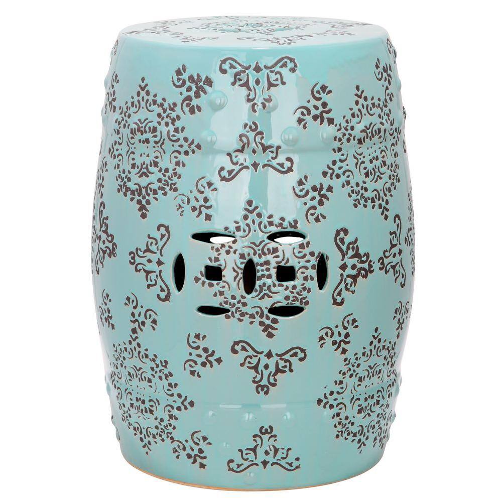 Robin's Egg Blue Ceramic Garden Stool with Intricate Pattern