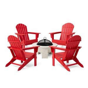 5-Piece Outdoor Patio Modern Faux Terrazzo MGO Wood Burning Patio Fire Pit and Red HDPE Folding Adirondack Chairs Set