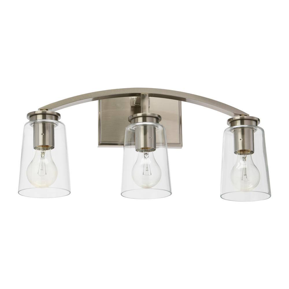 Robert Stevenson Lighting Laguna - 20 in. 3-Light Brushed Nickel Vanity Light, Metal and Clear Glass