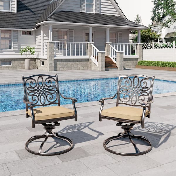 Clihome Set of 2 Cast Aluminum Outdoor Patio Swivel Dining Chair with Brown Cushion