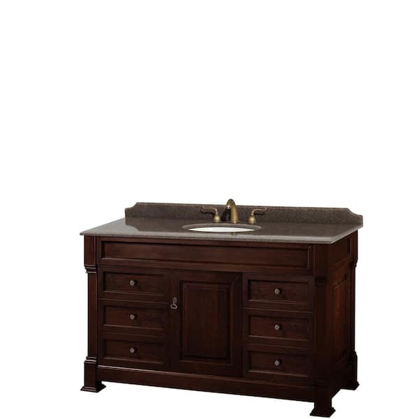Wyndham Collection Andover 55 in. W x 23 in. D Bath Vanity in Dark Cherry with Granite Vanity Top in Brown with White Basin