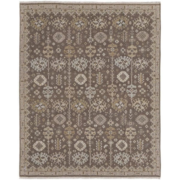 2 ft. x 3 ft. Tan and Brown Wool Oriental Hand Knotted Area Rug With Fringe