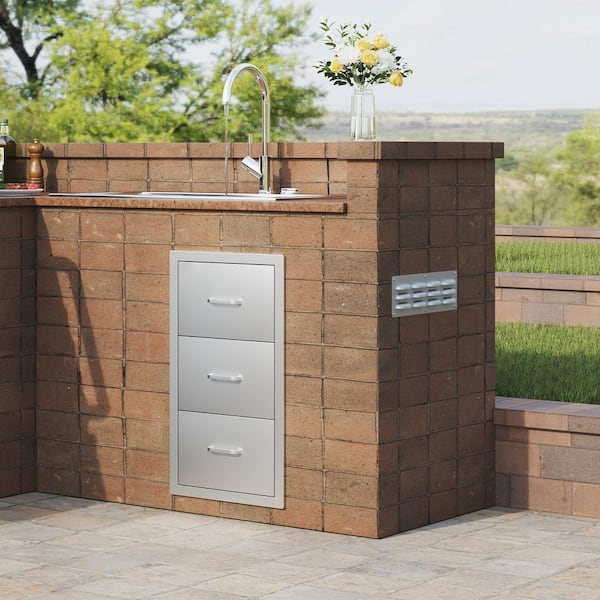 Outdoor Kitchen Drawers 28.5 in., Flush Mount Triple Access BBQ Drawers Stainless Steel with Handle, Access Drawer