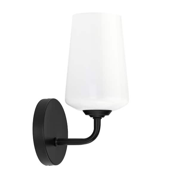 Celino 5 in. 1-Light Black Bathroom Wall Sconce Light with White Glass Shade