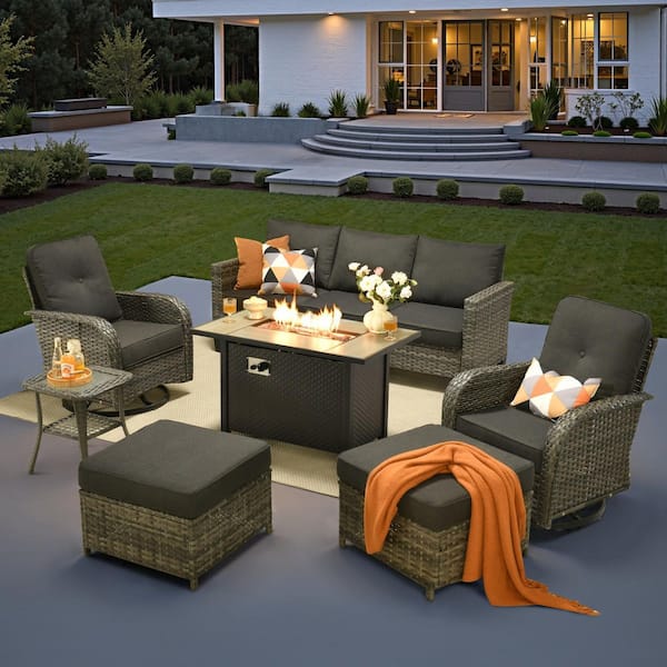 Audrey Gray Wicker 7-Piece Outdoor Patio Furniture Set Patio Conversation Set with Fire Pit and Black Cushion